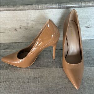 PrettyLittleThing faux patent leather caramel heels